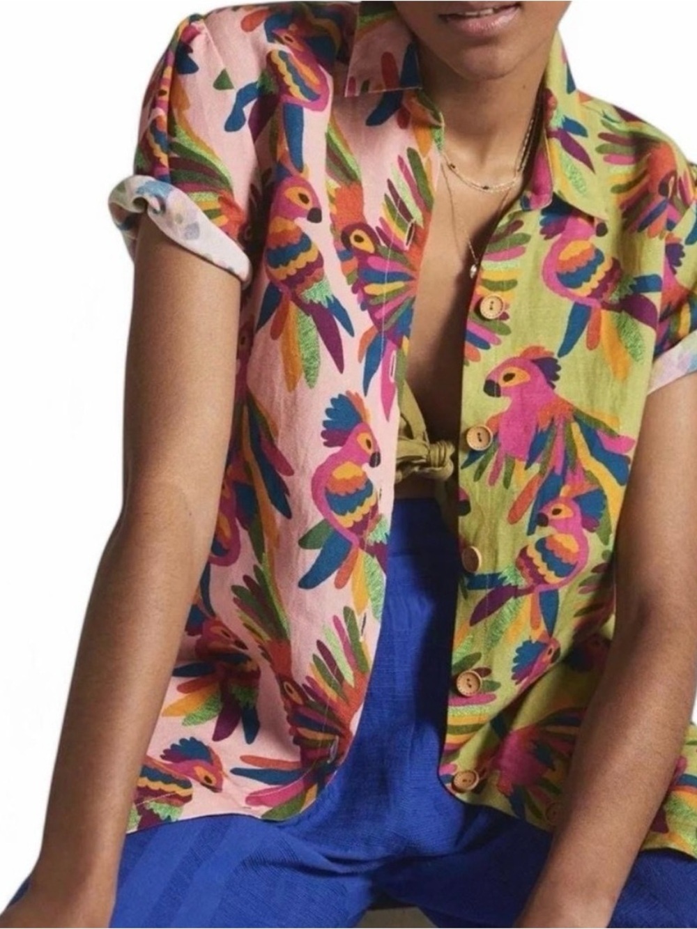 🦋 FARM Rio x Anthropologie| Parrot Print Linen Blend Button Down Shirt XXS - Picture 3 of 10
